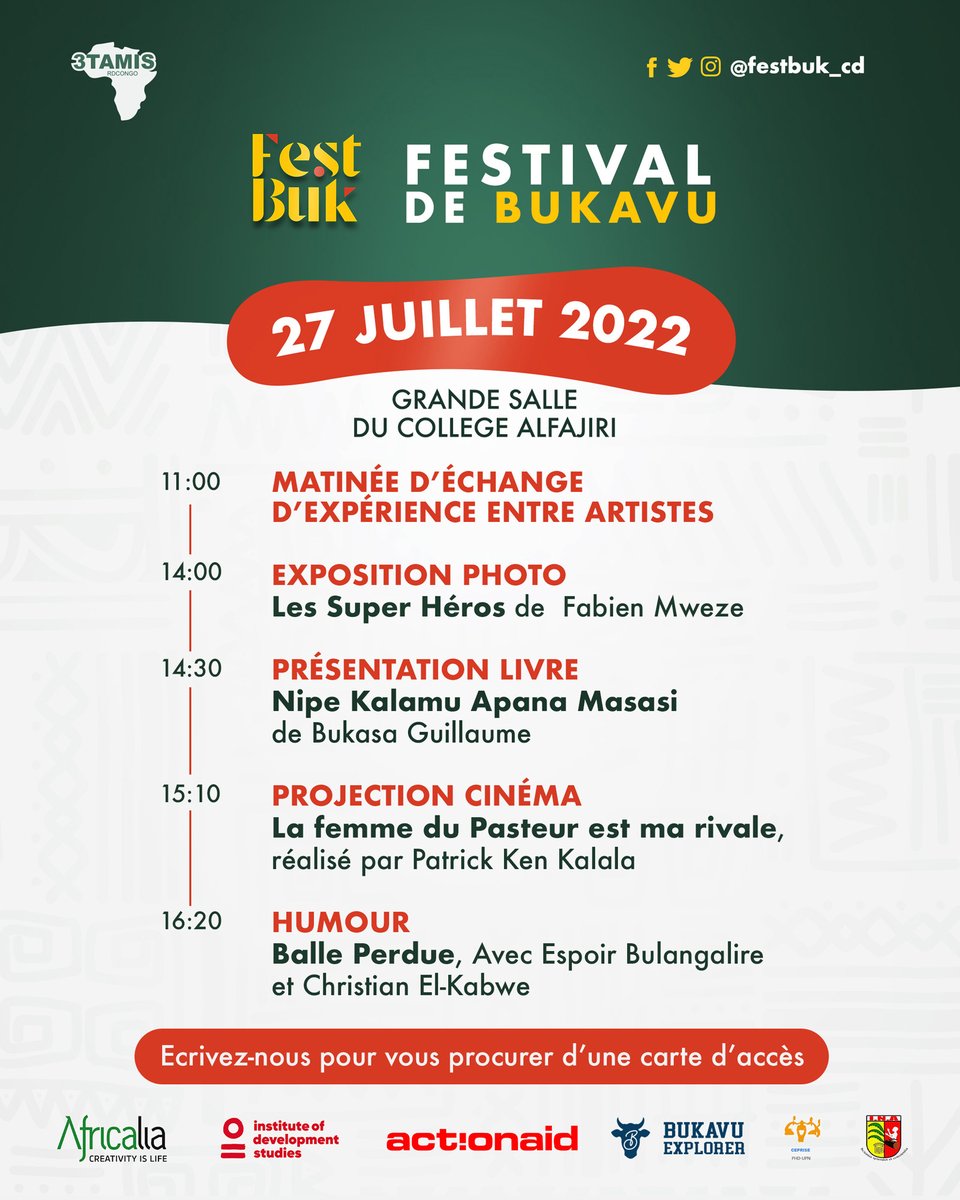 Après une belle entrée sur scène pour la première journée, rendez-vous demain pour la suite.

#FestivalDeBukavu #cinema #books #culture #art #Bukavu #RDCongo #Rwanda #Burundi #grandslacs #bukavuexplorer #3tamis