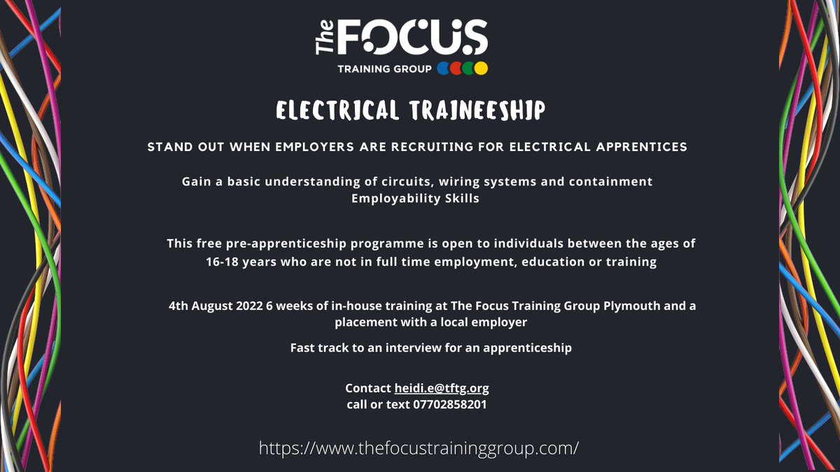 START an #Electrical #Traineeship this summer at #FocusTrainingGroup. 
If you're 16-18 you can gain basic electrical skills over this 6-week training programme. 
For more info email: Heidi.e@tftg.org
#BuildingPlymouth 
#ConstructionCareers