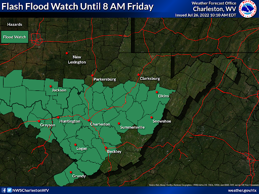 WVEMD's tweet photo. A Flood Watch has been issued for WV. 
The concern for flash flooding remains through Friday morning.
Rainfall amounts of 3-5" are expected. 
❗ Please do not drive through flood waters!!
Monitor forecasts and make sure you can receive weather alerts. https://t.co/4RnSQBar1j https://t.co/KACHV2DUn1