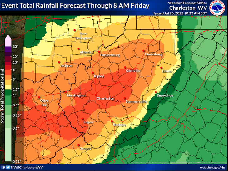 WVEMD's tweet photo. A Flood Watch has been issued for WV. 
The concern for flash flooding remains through Friday morning.
Rainfall amounts of 3-5" are expected. 
❗ Please do not drive through flood waters!!
Monitor forecasts and make sure you can receive weather alerts. https://t.co/4RnSQBar1j https://t.co/KACHV2DUn1