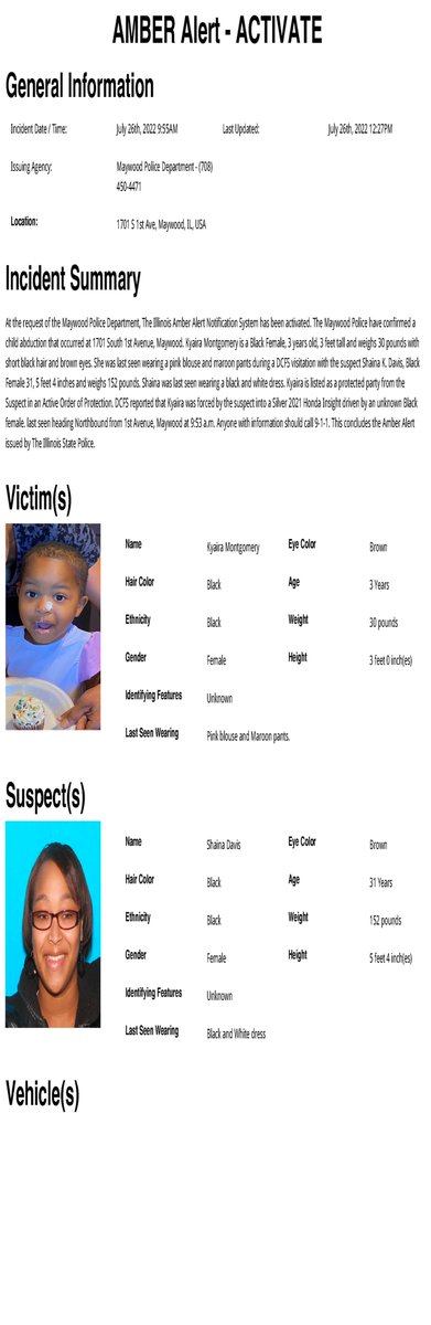 ISPAlerting's tweet image. At the request of the Maywood Police Department the  AMBER Alert notification system has been activated.  Anyone with information is asked to call 9-1-1.