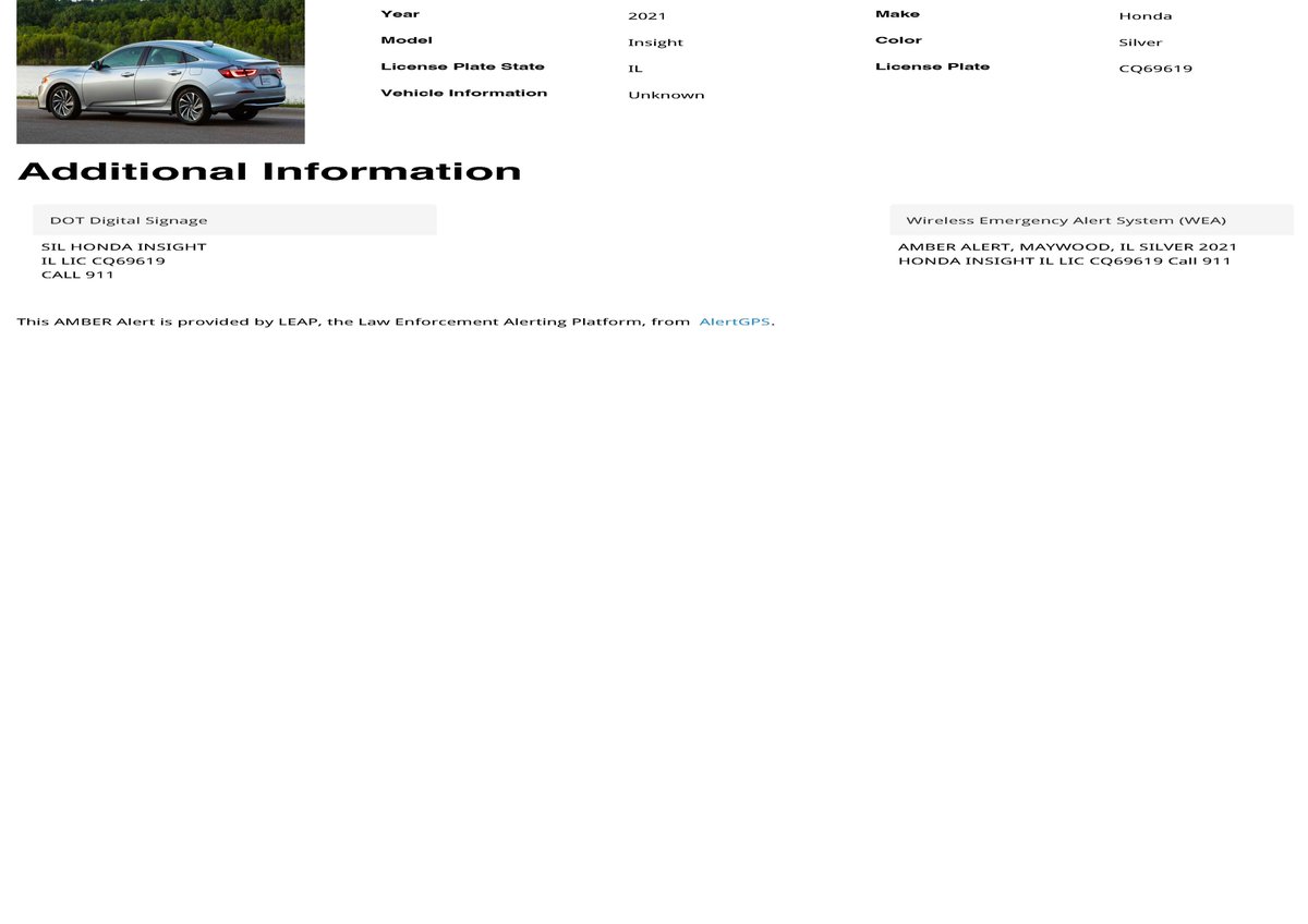 ISPAlerting's tweet image. At the request of the Maywood Police Department the  AMBER Alert notification system has been activated.  Anyone with information is asked to call 9-1-1.