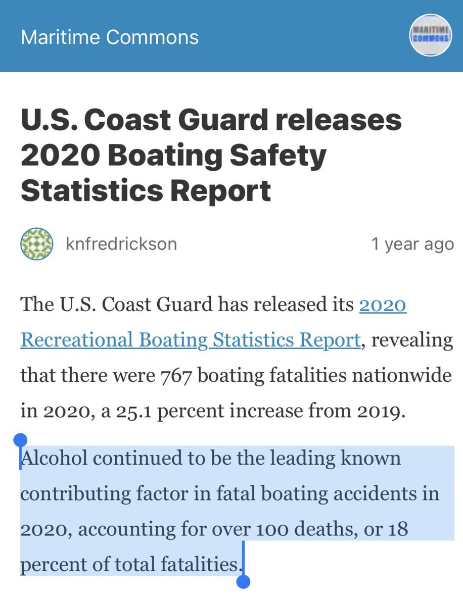 If you need an example for teaching about base rate neglect. Unless at least 82% of all recreational boaters are boating sober, sounds like alcohol is saving lives. 🤔🧐