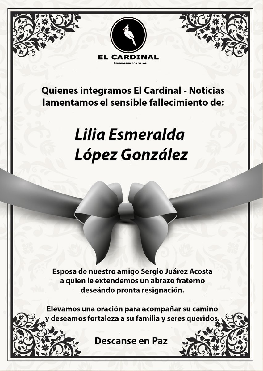 El Cardinal - Noticias (@elcardinal_mx) on Twitter photo 🕊️ Desde espacio informativo nos unimos a la pena que embarga a nuestro amigo <a href="/JuarezSergioz/">Sergio Juárez Acosta</a> por esta lamentable perdida. Nuestro más sentido pésame a sus familiares y seres queridos.
QEPD 🙏🏼 🕊️ Desde espacio informativo nos unimos a la pena que embarga a nuestro amigo <a href="/JuarezSergioz/">Sergio Juárez Acosta</a> por esta lamentable perdida. Nuestro más sentido pésame a sus familiares y seres queridos.
QEPD 🙏🏼