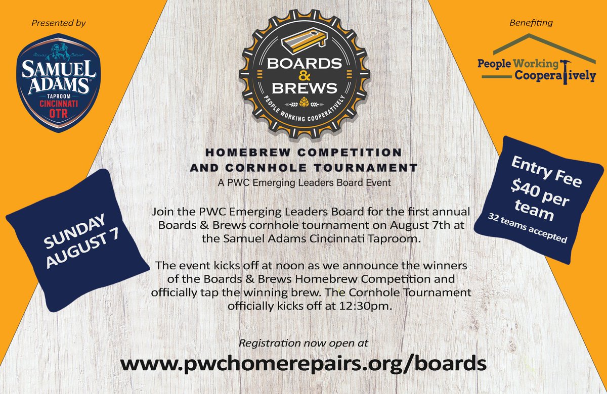 A new craft brew at <a href="/SamTaproom/">Sam Adams Cincinnati Taproom</a> 🍺
+ a friendly cornhole competition (with prizes!) 🏆
= the recipe for a perfect summer Sunday! ☀️

Learn more and register now: bit.ly/PWCBoardsBrews #PWCBoardsAndBrews