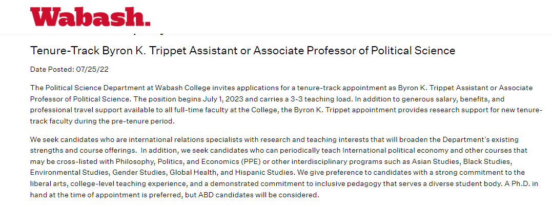 We're hiring at @WabashCollege 🥳🥳🥳
This is a tenure-track Assistant or Associate rank international relations position at a SLAC with good 
💰 support for research and travel 
Check out the full ad and apply here: wabash.edu/employment/hom…