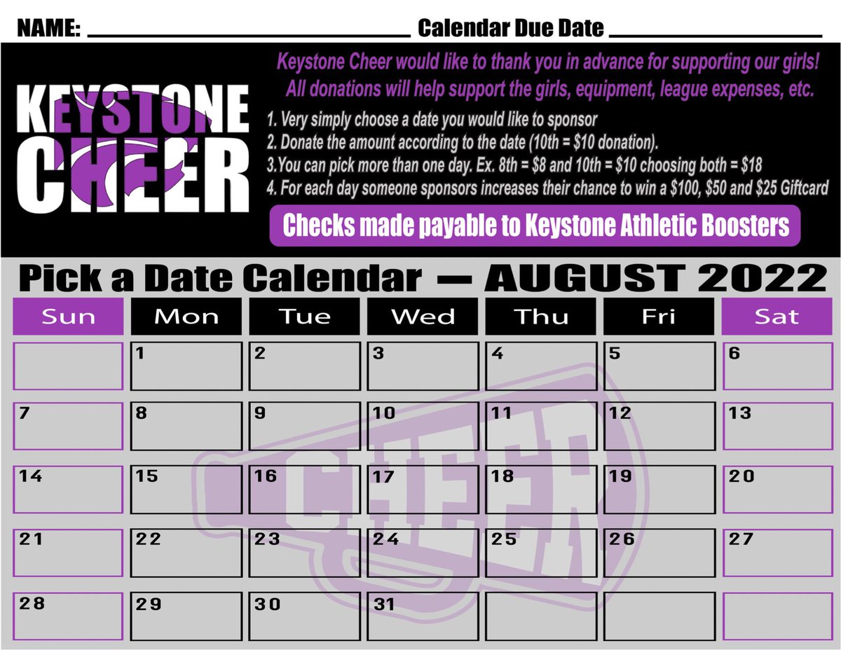 Our first #DonateTheDate team fundraiser! Find a KHS cheerleader to claim your day(s) 🤩💜 Your support is greatly appreciated!