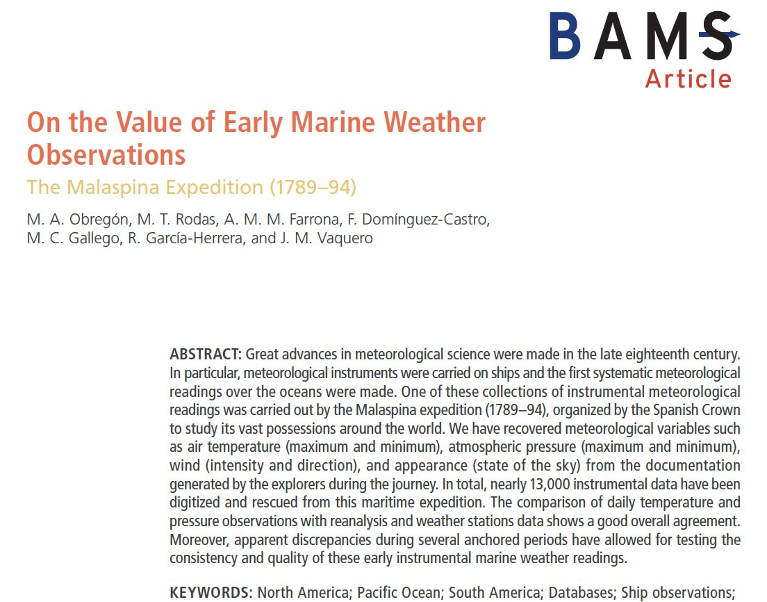 This new article from our group of collaborators was recently published in the "Bulletin of the American Meteorological Society". 
We analyze the meteorological data of the famous Malaspina expedition (1789-1794). Read it. It is in open access.
journals.ametsoc.org/view/journals/…