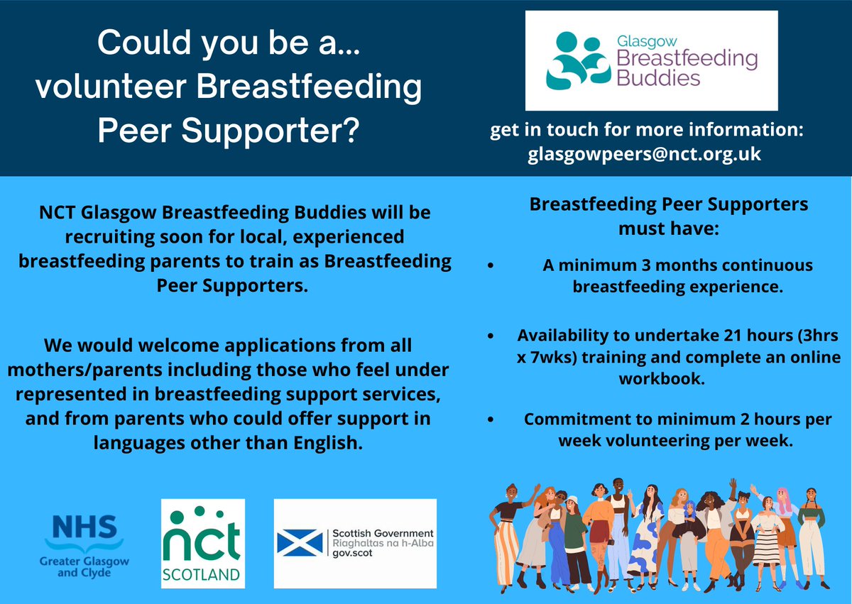 If you'd like to train as a Breastfeeding Peer Supporter we'd love to hear from you. Our Peers support across Glasgow postnatal wards as well as community breastfeeding support groups. Full training will be given, in 7x3hr sessions on a set time and day (TBC) Email for more info!