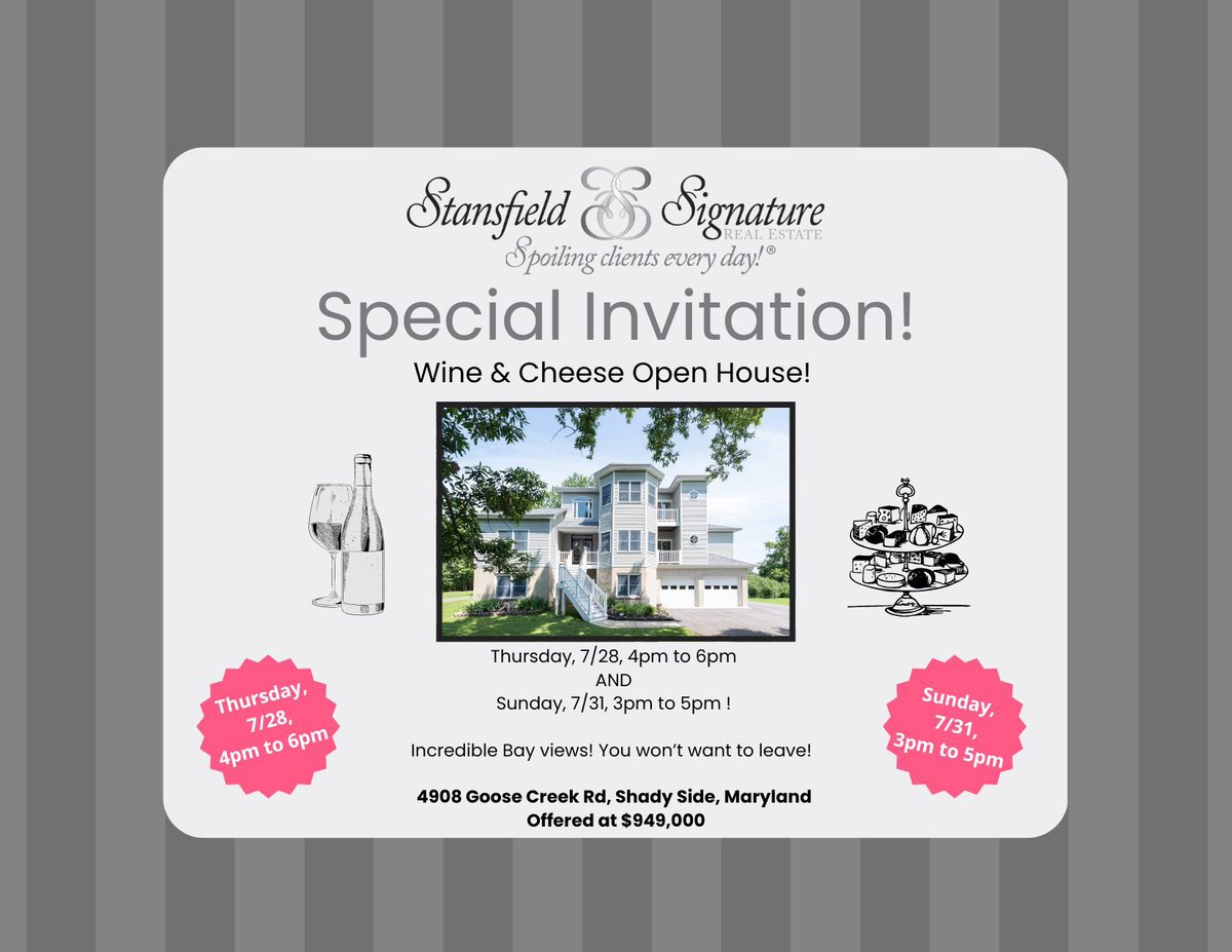 SpoilingClients's tweet photo. Special Invitation! 

Join us for wine &amp; cheese open on Thursday, 7/28, 4pm to 6pm &amp; open house Sunday, 7/31, 3pm to 5pm! Incredible Bay views! You won’t want to leave! 

We hope to see you! https://t.co/hsOMUPWVD3