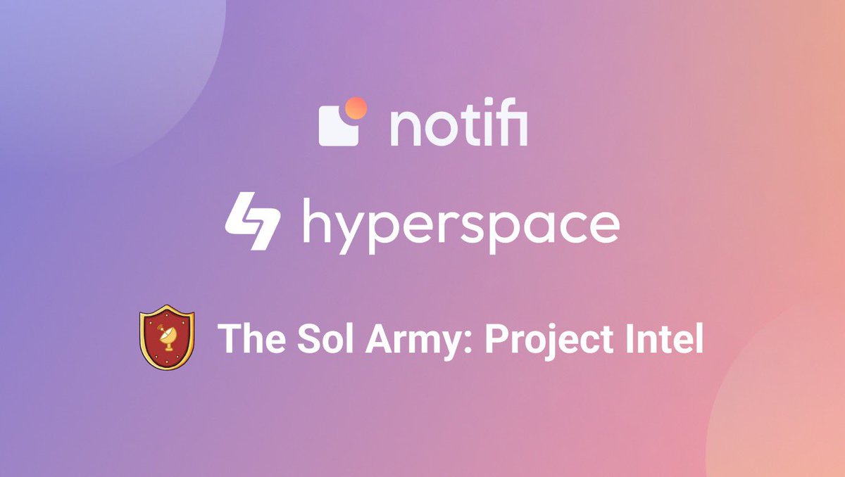 🛠 Integration Announcement 🛠

<a href="/hyperspacexyz/">hyperspace</a> x <a href="/ProjectIntel/">Project Intel</a> 

• We’re excited to announce our three-way collaboration with HyperspaceXYZ &amp; Sol Army’s Project Intel. Creators can now effectively engage with their audience using Notifi’s integration through Hyperspace. (1/4)