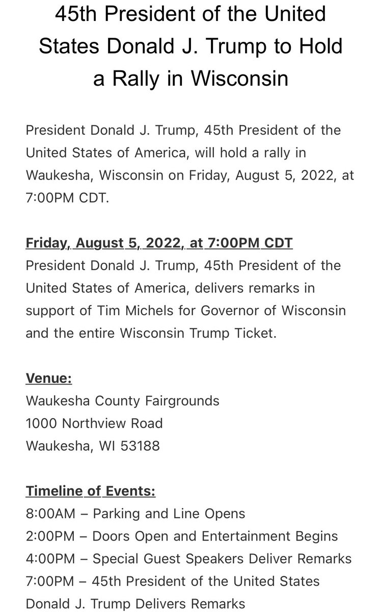 RSBNetwork's tweet image. 45th President of the United States Donald J. Trump to Hold a Rally in Wisconsin 🚨