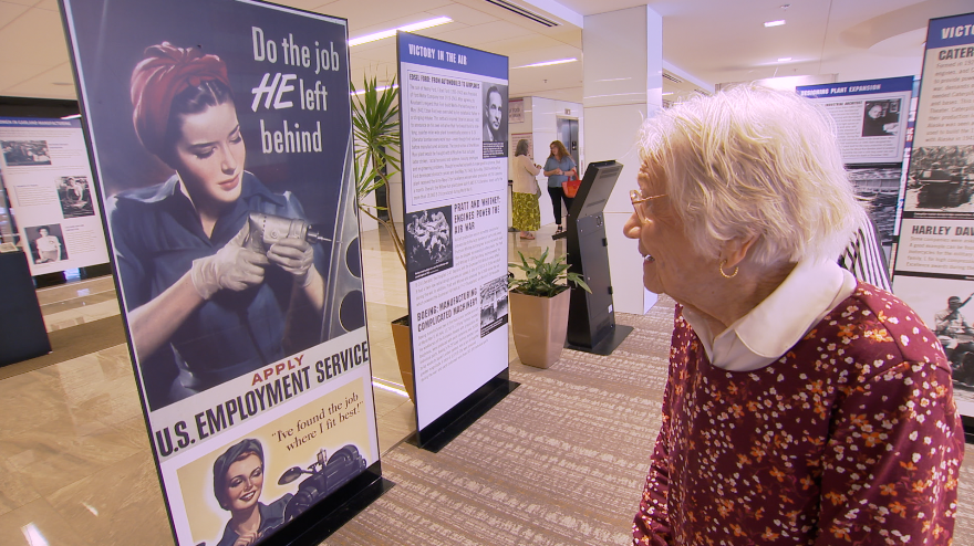 Grace Brown is a real-life Rosie the Riveter during WWII.  She visited "Manufacturing Victory: The Arsenal of Democracy" which tells the inspiring story of the Home Front effort during the war. Now through Aug. 15 at City Hall.    youtu.be/91R8FdgYTQA