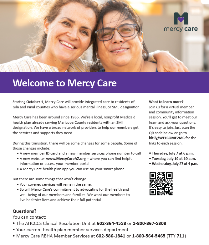 mercycareaz's tweet photo. Did you hear? Starting 10/1, Mercy Care will provide integrated care to residents of Gila and Pinal counties who have a serious mental illness (SMI) designation. Join us tomorrow July 27 and learn about some of the changes. Register at https://t.co/hj3FezgAyX https://t.co/J0lGSa0qrd