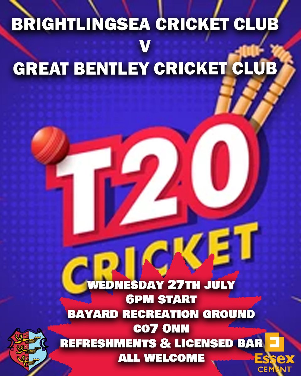 🏏Wednesday is T20 Day!
👍We host our friends <a href="/GreatBentleyCC/">Great Bentley CC</a>
📆27th July, 6pm Start
🍻Bar Open
❤️All Welcome!