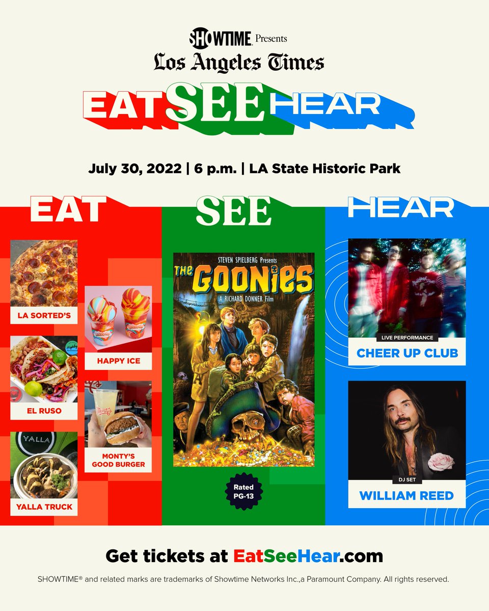 We have your Friday AND Saturday plans covered! Spend this weekend at <a href="/latimes/">Los Angeles Times</a> Eat See Hear with a screening of Jurassic Park on Friday 7/29 followed by The Goonies on Saturday 7/30! 🍕🎬🎶

Get your 🎟️ at eatseehear.com

Presented by @SHOWTIME. #JurassicPark  #Goonies
