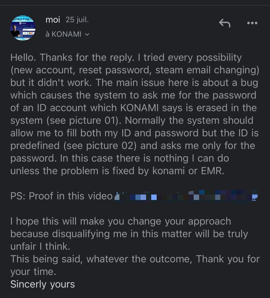 (1/3) Malgré les preuves fournies à @em_rights , <a href="/we_konami/">eFootball™公式</a> a décidé de m'exclure du <a href="/play_eFootball/">eFootball</a> #efootballChampionshipOpen round 03 car je n'ai pas rempli le formulaire. Je ne peux pas car il y a un bug sur le site Web de @konami . 
Résultat : (💵+⌛+ 🏋🏽‍♀️) = 🗑️