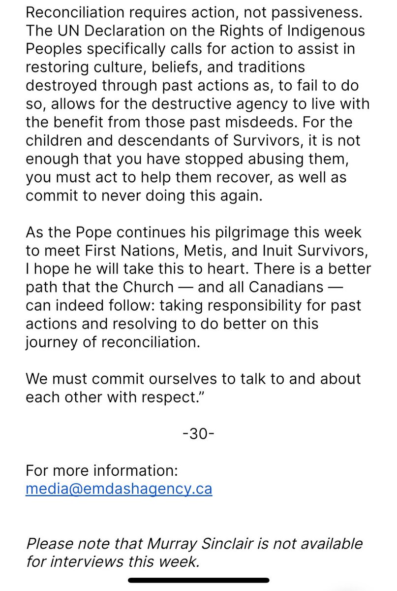 #papalapology My thoughts are with Survivors who heard the apology from the Pope yesterday. But despite this historic apology, the Holy Father’s statement ignores the full role of the Church in the Residential School system.