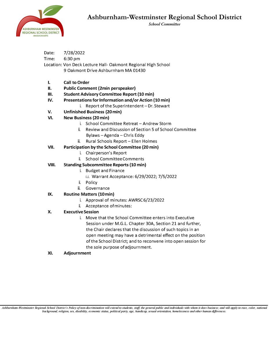 School Committee Meeting 7/28/2022 - The Ashburnham Westminster Regional School Committee will meet 7/28/2022 at 6:30pm in the Von Deck Lecture Hall in Oakmont Regional High School. edl.io/n1635254