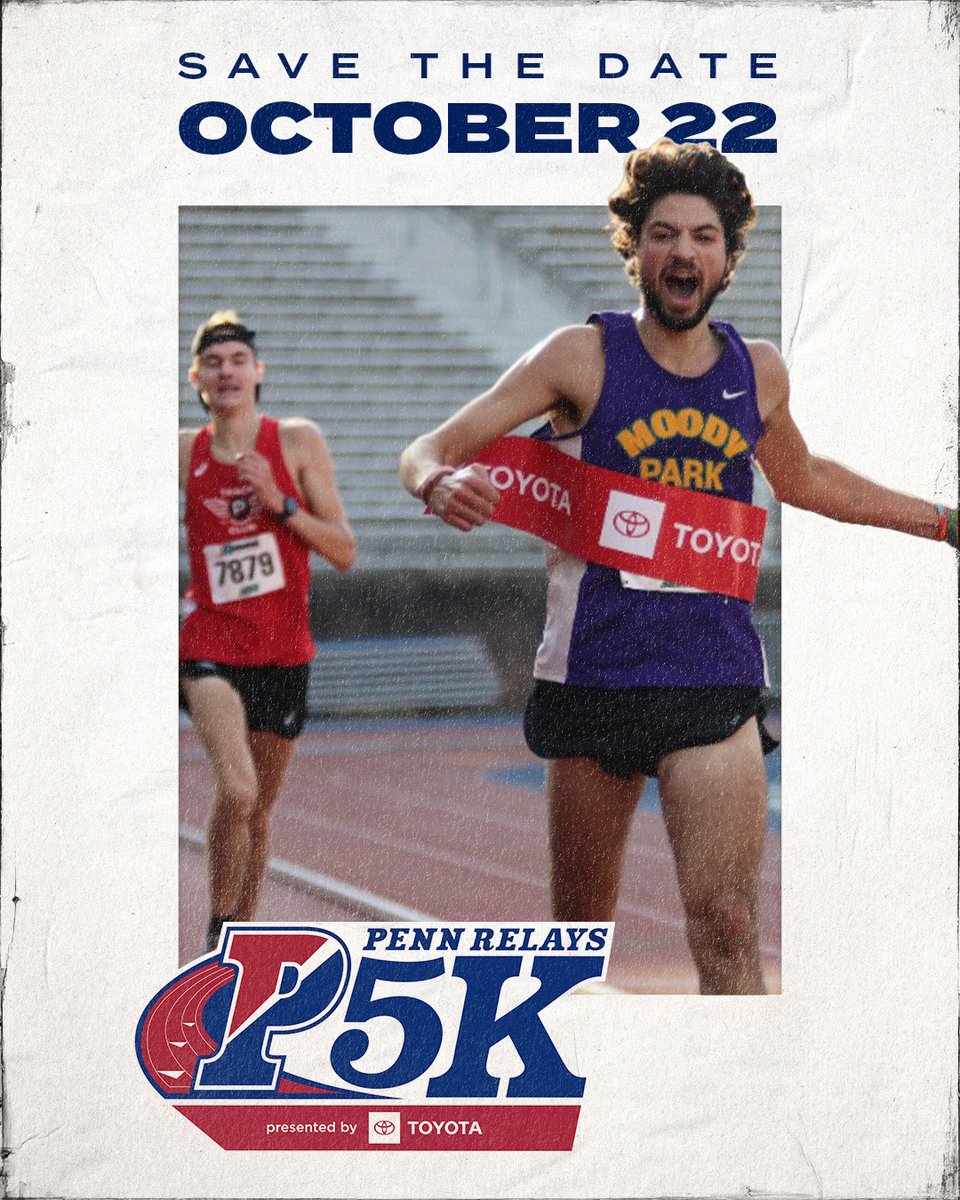 pennrelays's tweet image. 𝗦𝗔𝗩𝗘 𝗧𝗛𝗘 𝗗𝗔𝗧𝗘!

The 2nd Annual #PennRelays5K presented by @Toyota is set for Saturday, October 22! Mark your calendars and start training! Registration will open at the beginning of August. 

📰bit.ly/3cF7yY0