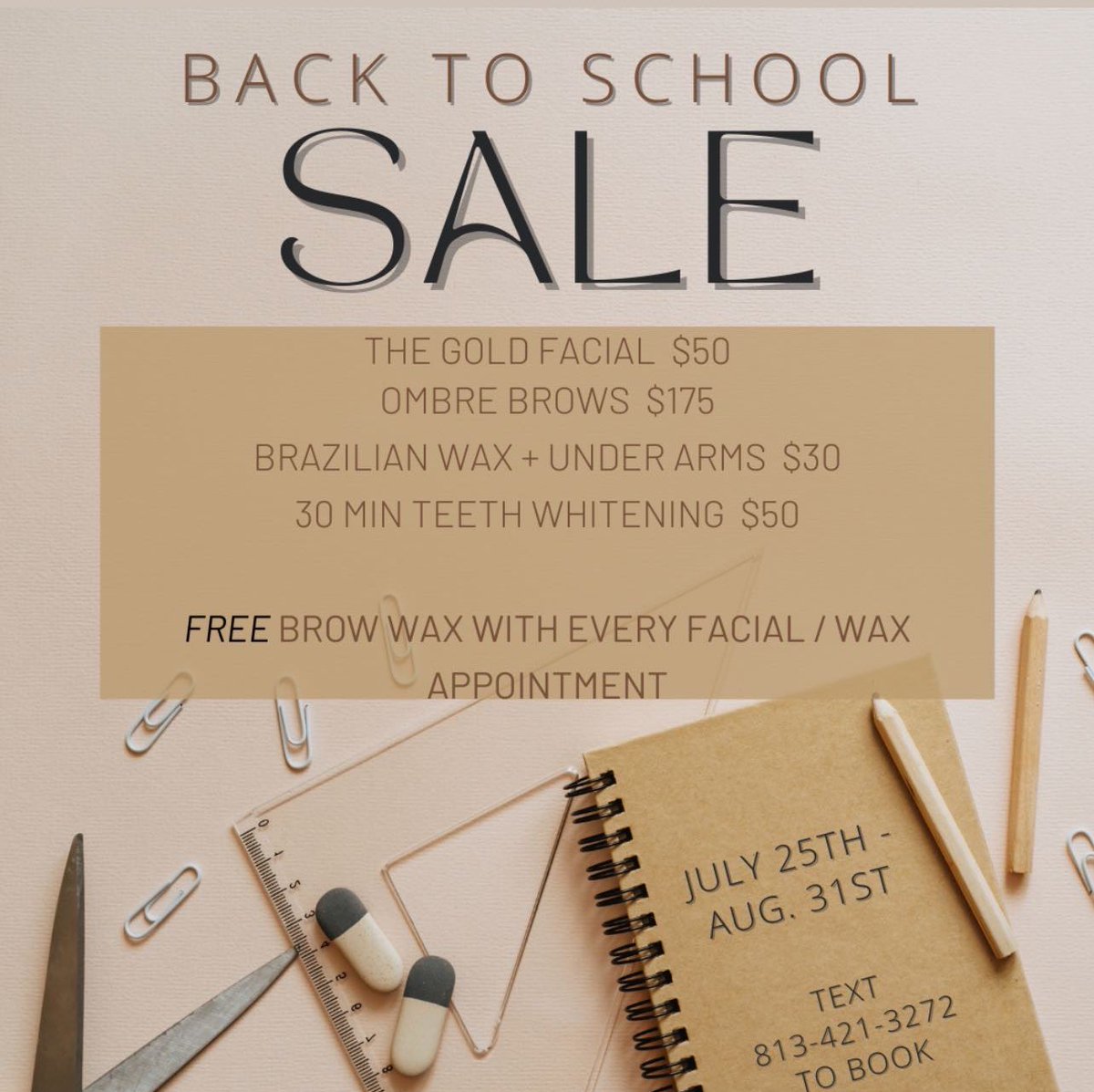 BACK TO SCHOOL SALE 🌱 Free brow wax with every facial / wax appointment #tampafl #tampaskin #tampalashes #tampafl #tampabay #tampafacial #tampabrows #tampawax