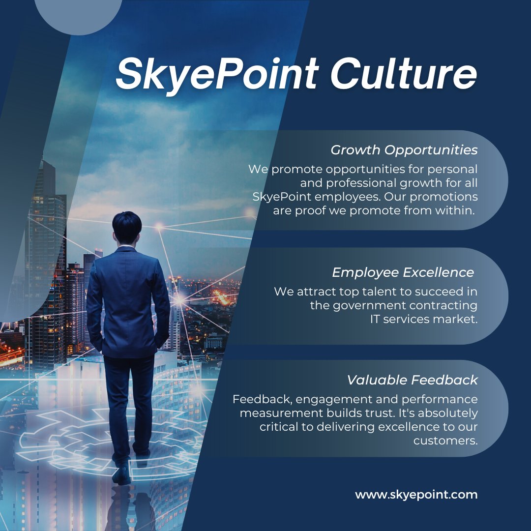 SkyePoint's tweet image. #SkyePoint empowers fed gov agencies through their most complex IT challenges. We employ top talent to deliver &amp;amp; execute the mission w/ excellence &amp;amp; quality assurance. Learn more about our culture &amp;amp; values (skyepoint.com)

#TheSkyePointDifference #GovCon #TopTalent