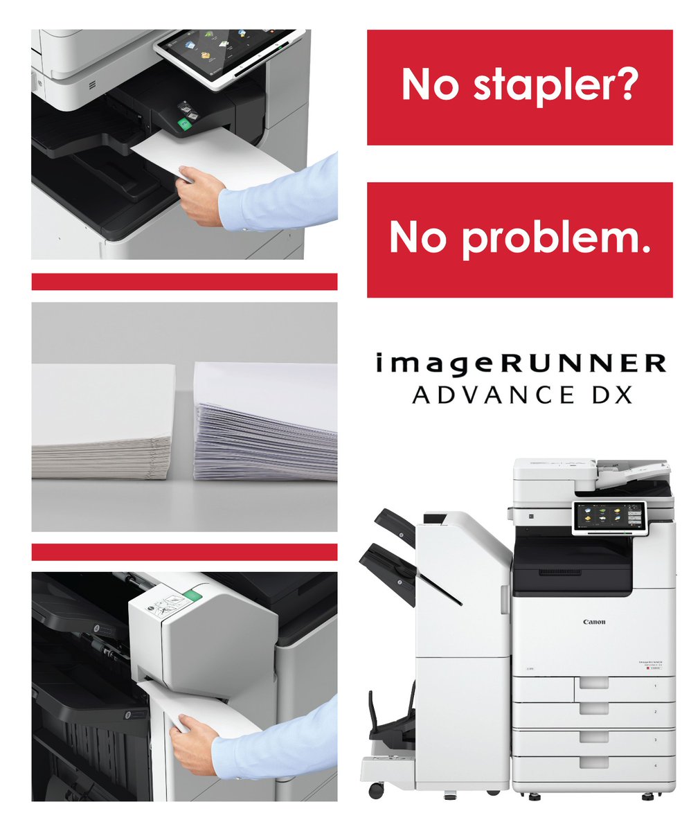CanonCanada's tweet image. Print. Collect. Go. 🏃 
The latest imageRUNNER ADVANCE DX models are a staple to your workflow with the convenience of all-in-one finishing. Get traditional stapling, staple-on-demand, and staple-free #stapling with Canon. #AllOrNothing #iRADVDX 
canon.ca/en/product?nam…