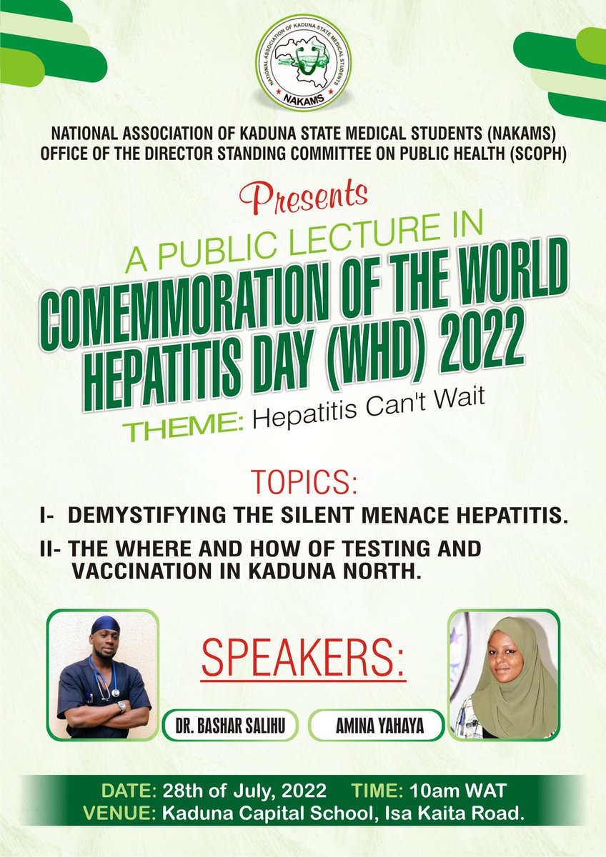 kadmedics's tweet photo. This year , we will mark the #WorldHepatitisDay2022 by educating people, especially the young people in our communities about the disease and encourage them to get tested. Join us in kaduna capital school on the 28th! https://t.co/XiWEXbtgxM