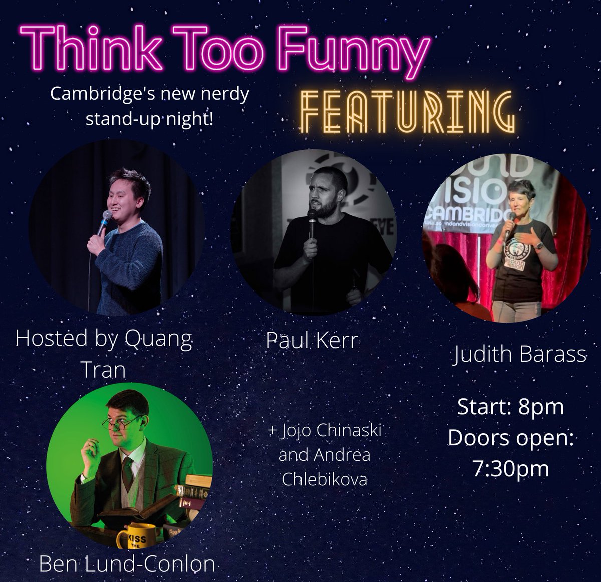 Think2Funny's tweet photo. Here's our full line-up for this Thursday! If you fancy some nerdy-comedy and you're near Cambridge come along to our night! 

Free tickets here :
https://t.co/wT7Eapr7r5 https://t.co/ONQRc2HqDe
