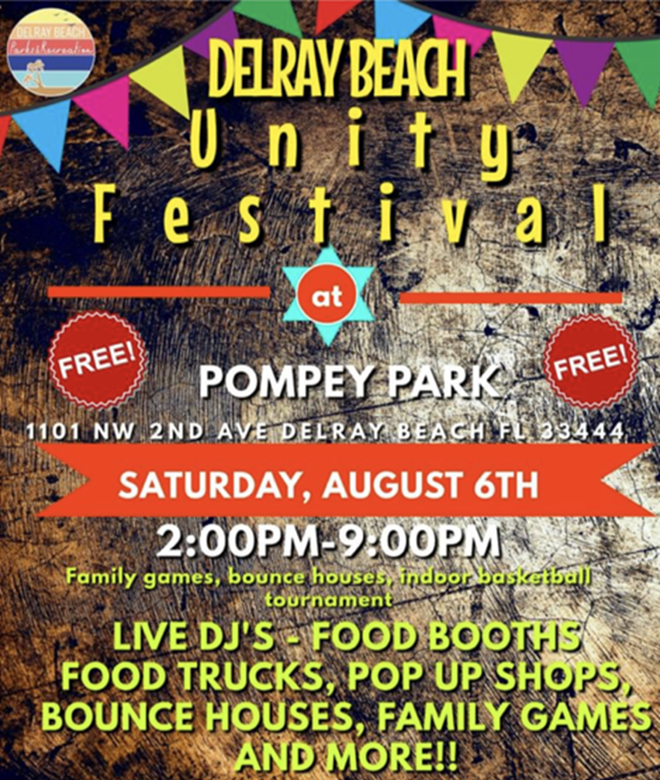 DelrayBeachCRA's tweet photo. Join us for a UNITY Festival at Pompey Park next Saturday, August 6th. This #FREE family-friendly event will feature games, bounce houses, food trucks, & more! ๐ฅณ
๐UNITY Festival
๐๏ธSat., August 6th from 2 - 9 PM
๐Pompey Park: 1101 NW 2nd Avenue, Delray Beach
#delrayevents https://t.co/kK5VR0UzQz