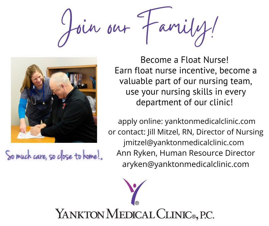 YanktonMedical's tweet image. Looking for a float nurse! hubs.ly/Q01hC93T0 #floatnurse #yanktonsdnurse #nurse
