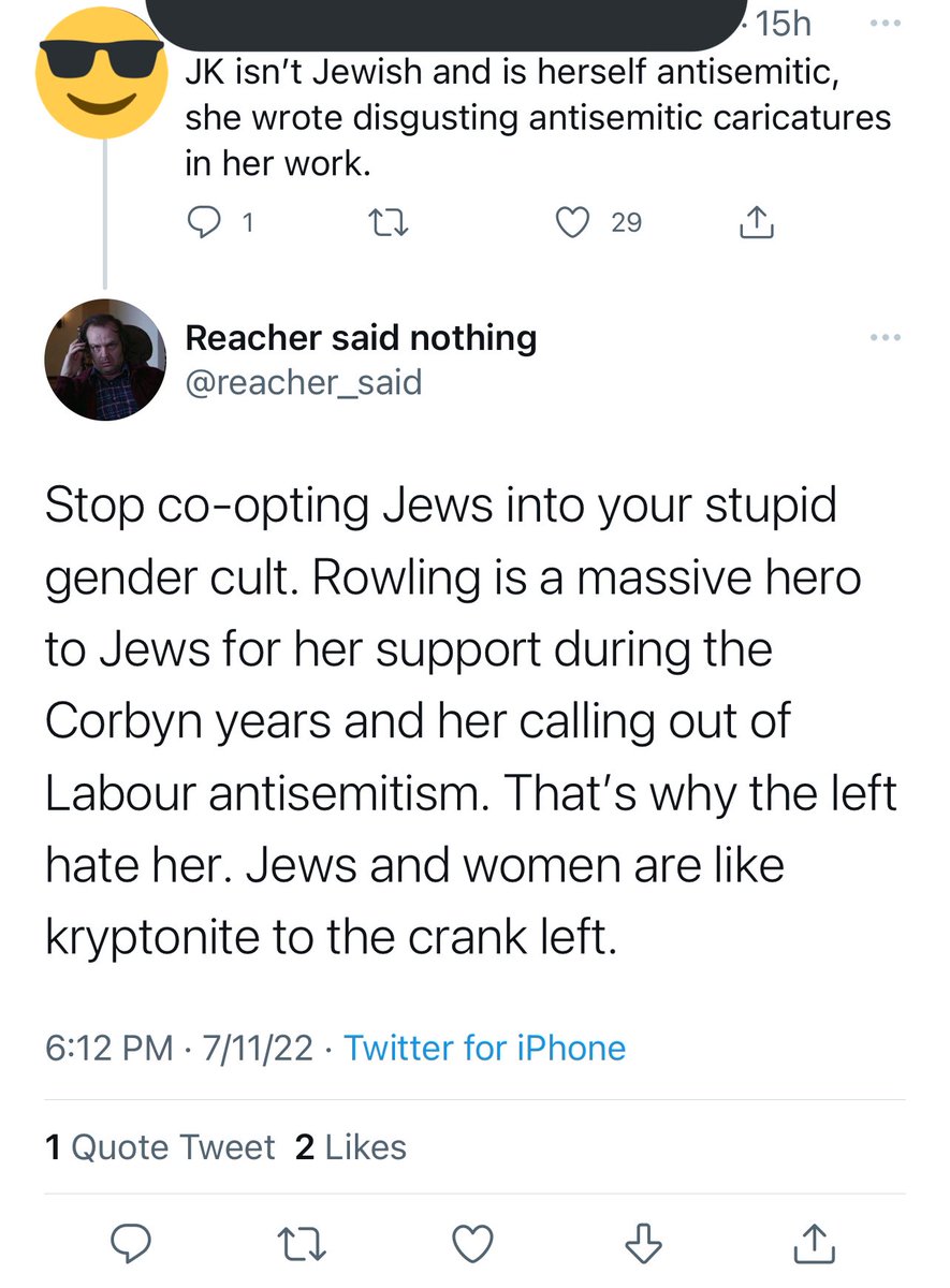 After a Jewish person calls out the antisemitism in the Harry Potter series, a transphobe leaps in to accuse said person of “co-opting Jews” and claim that JK Rowling is a “massive hero to Jews” (she is not) and that this is why “the left” hates her.