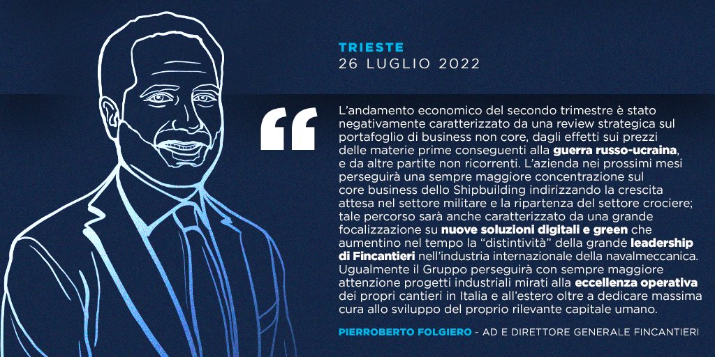 Il Consiglio d'Amministrazione di #Fincantieri  riunitosi sotto la presidenza del Generale Graziano, ha esaminato e approvato la #RelazioneFinanziaria semestrale al 30 giugno 2022 redatta in conformità ai principi contabili internazionali.

Queste le parole dell'AD e DG #Folgiero