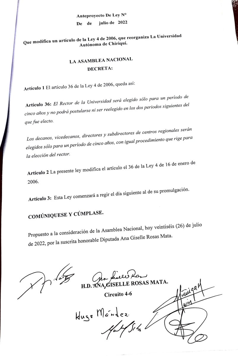 <a href="/UNACHIpanama/">UNACHI</a> es una universidad buena, pero la politiquería que hay detrás no lo es.

He presentado Anteproyecto de Ley para liberar a #UNACHI del control político y permitir el cambio administrativo.

Por medio del cuál se elimina la reelección del rector/a. #LibertadParaUnachi