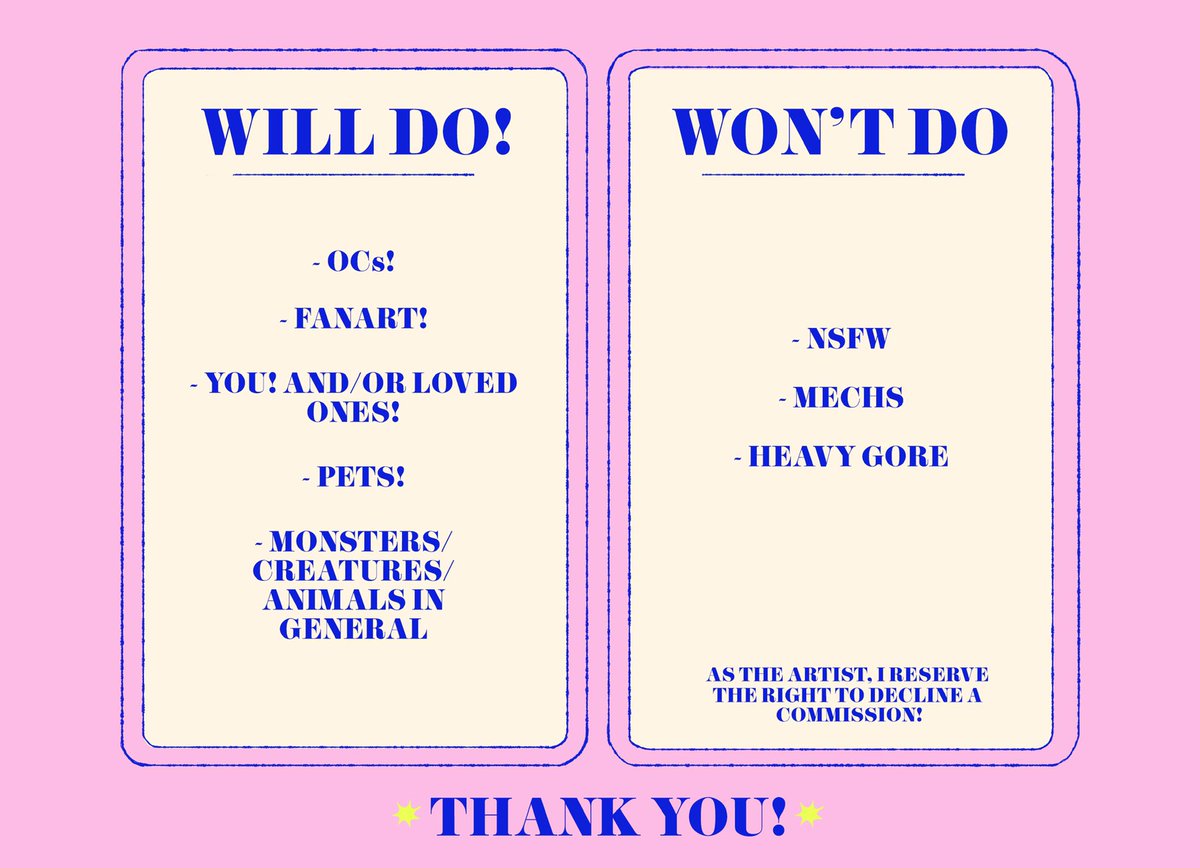 COMMISSHIES ARE OPEN!! 🗣 Please send me a message if you're interested, I'd love to draw something for you!! I'll open five slots for now, and reopen them soon!! 0/5 taken