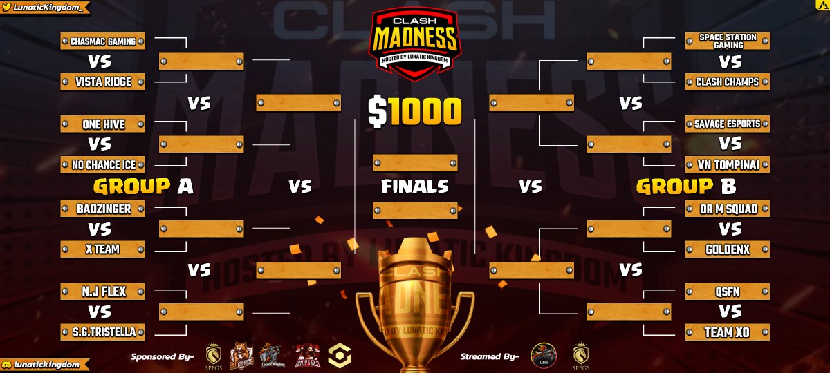 The Clash Madness bracket is officially out!

Join us Friday &amp; Saturday to watch some amazing teams battle it out for the Grand Prize!

Thank you sponsors❤️