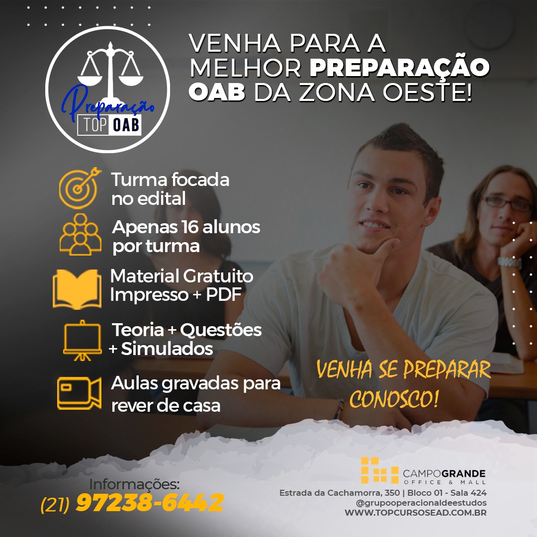 mapqs's tweet image. Vai fazer a prova 36 da OAB? Já está estudando?
Não?!
Conheça o TOP OAB, 👇🥇
- Turma Presencial VIP
- Turma Focada no Edital
- Material Impresso Gratuito
- Materiais em PDF Postados na Plataforma
- Aulas Gravadas

#oab #direito #oabxxxvi #zonaoeste #