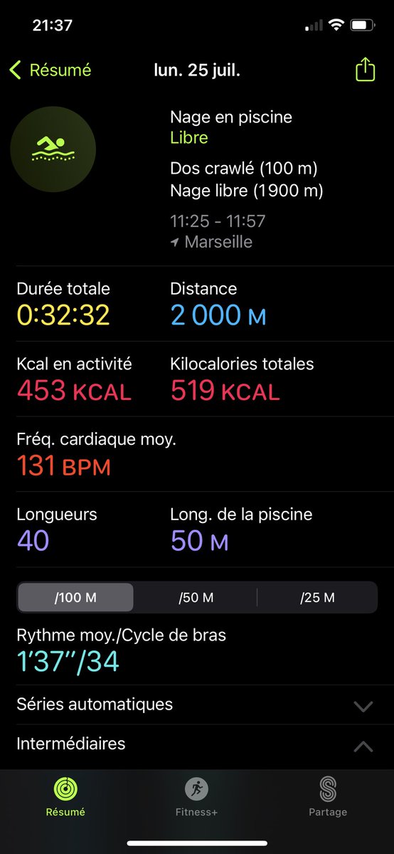 RobiinRoad's tweet photo. Petit test de l’Apple Watch en mode natation. Et ça marche plutôt bien voire très bien. 
Volume : OK
Détection de la nage : OK
Laps : OK
Cycles de bras : ça semble OK
FC : plutôt OK https://t.co/dR3M7so5Jg