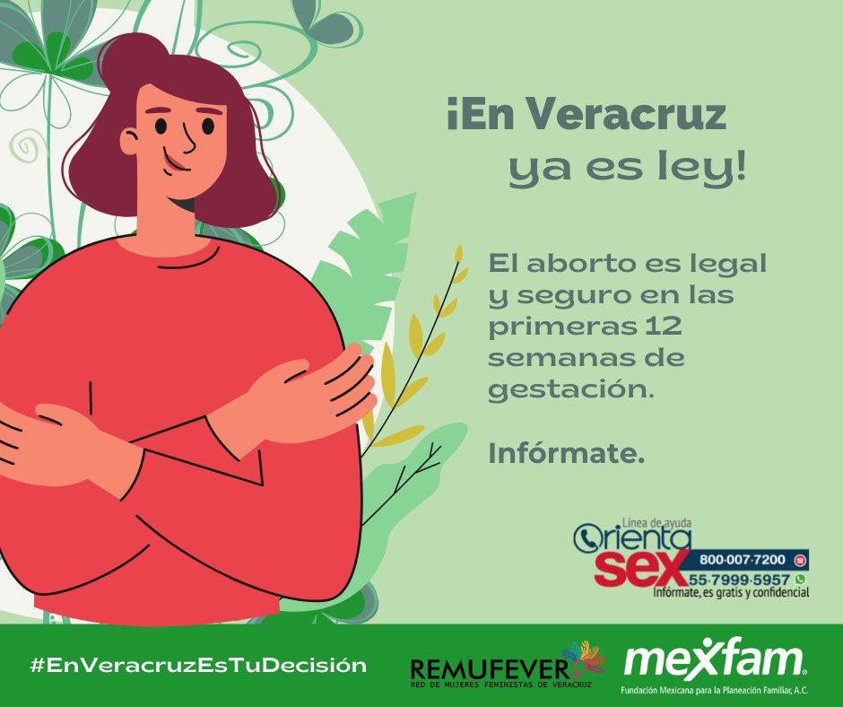 Remufever's tweet photo. Si elegiste un aborto, la ley está de tu lado. Infórmate para solicitar el servicio en las instituciones públicas de salud del estado. ¡En Veracruz ya es ley!

El aborto es legal y seguro en las primeras 12 semanas de gestación.

Infórmate. https://t.co/5oheetQyJh