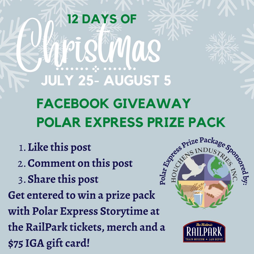 LNdepot's tweet photo. Head over to our FACEBOOK page for a GIVEAWAY with our Christmas in July, 12 Days of Christmas promotion sponsored by Houchens Industries. Winner picked August 5th! You must like, comment and share original FACEBOOK post for a change to win a Polar Express Prize Package! https://t.co/n99qdauNPe