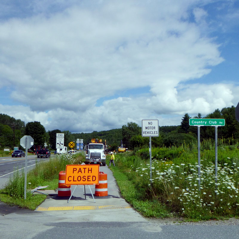 Montpelier bike path closed temporarily to allow railroad crossing construction. Reopen Aug 4 or so.  This is east of Rt2/302 roudabout, across from Agway, in Montpelier.