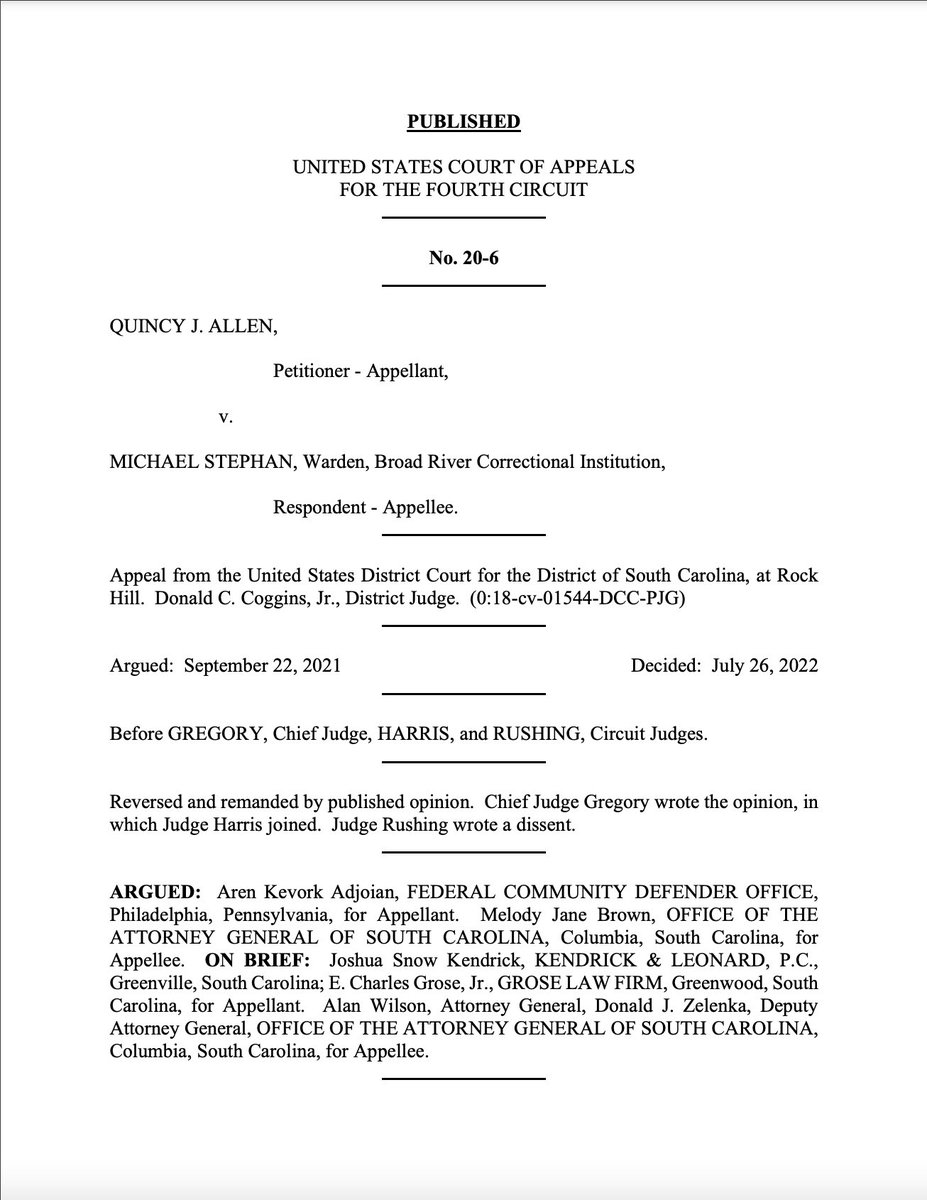 RDunhamDP's tweet photo. The U.S. Court of Appeals for the Fourth Circuit has overturned South Carolina death-row prisoner Quincy Allen's death sentence, holding that he was provided ineffective representation in the penalty phase of his capital trial. https://t.co/P1jWSJIj2M @DPInfoCtr @justice360sc https://t.co/mWQF4C6oep