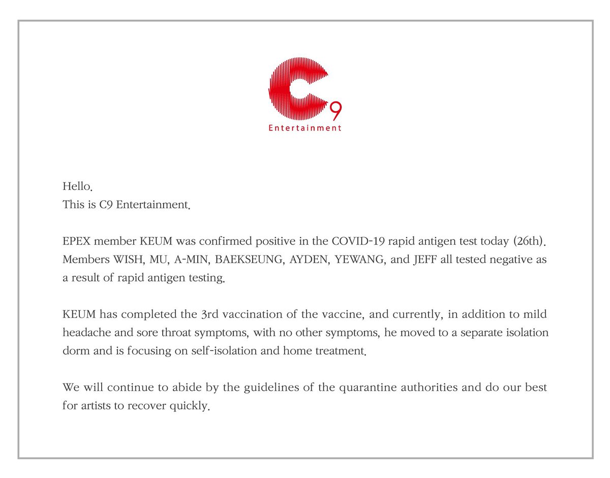 BY9LAT's tweet photo. 〔INFO|28/09/21〕
De acuerdo con el anuncio de C9 Entertainment, Keum DongHyun de #Epex dio positivo por COVID-19.
 Dado que los otros miembros del grupo dieron negativo, Keum esta aislado de los demás.

#EPEX #이펙스 #KEUM #금동현 https://t.co/Y4oG9Xuqi6