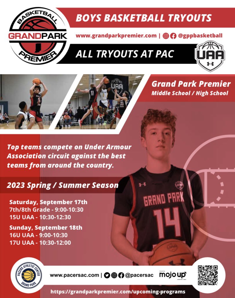 Grand Park Premier 2023 spring/summer Middle School and High School UAA Tryouts

📍Pacers Athletic Center

🗓 SATURDAY, SEPTEMBER 17TH

7TH/8TH GRADE - 9:00-10:30
15U UAA - 10:30-12:30

🗓SUNDAY, SEPTEMBER 18TH

16U UAA - 9:00-10:30
17U UAA - 10:30-12:00

pacersac.leagueapps.com/events/3219358…