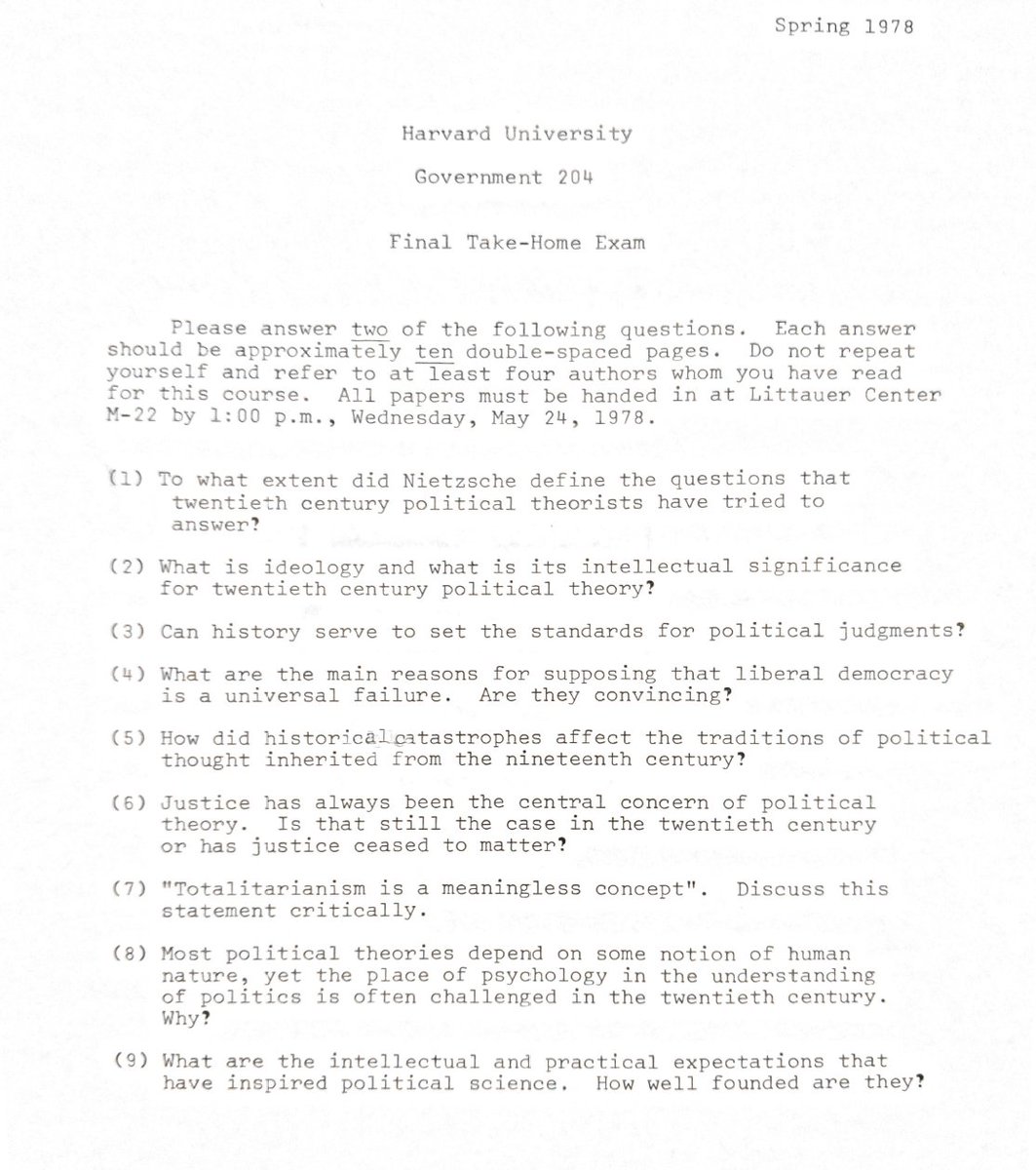 RebeccaBuxton's tweet image. The final exam from Judith Shklar&apos;s 1978 course on Government at Harvard University
