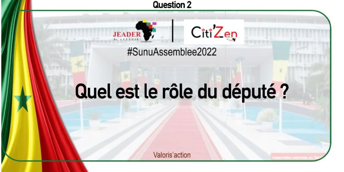 Vers les #Legislatives2022sn ! Au delà de voter pour choisir ses représentants, il est intéressant de savoir quels sont les rôles des députés. Selon vous, quels sont les rôles les plus importants à considérer ? Dites-nous tout en commentaires !

#sunuAssemblee2022 #CitizenJeader