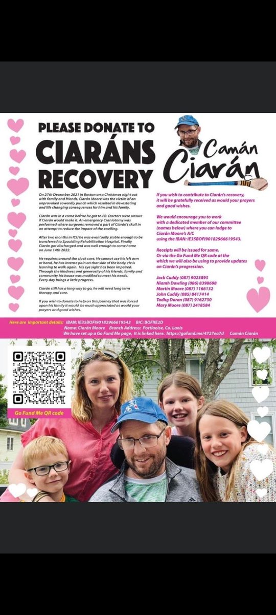 Our U17 hurlers are in action on Thursday night at 7.30 in Pearse Park against Loughgiel. Get out and support the lads. Any money collected from the gate will be donated to help with Ciaran's recovery so give generously. Read Ciaran's story below 💚💛