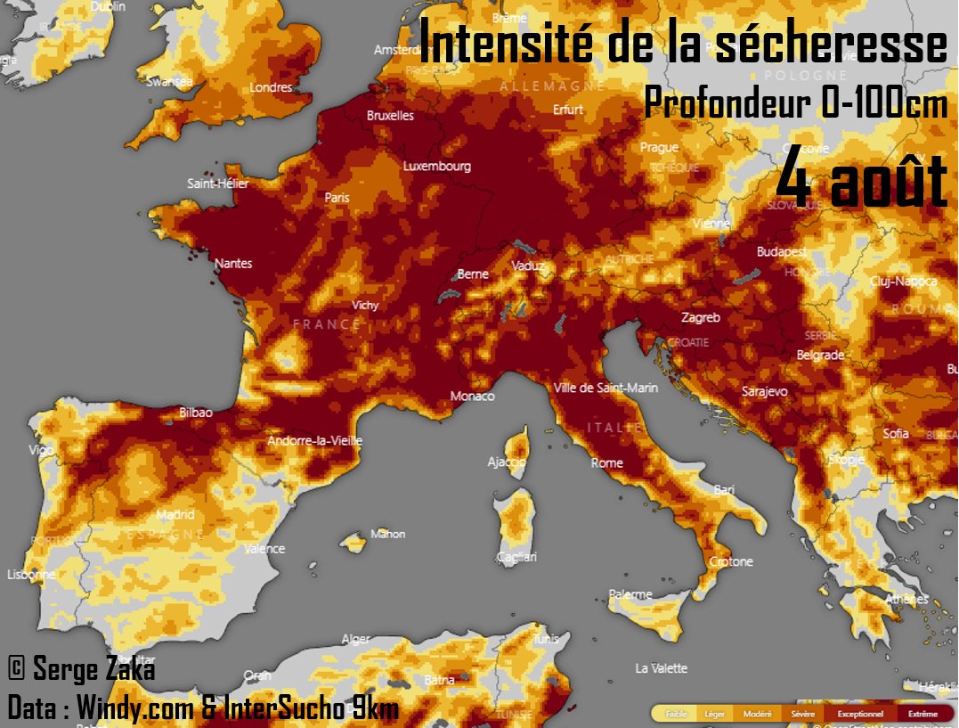 C'est désespérant. D'ici le 4 août, presque l'intégralité du pays pourrait connaître une sécheresse de classe "extrême" avec même un possible retour de la canicule. Les écosystèmes ont déjà mis un genou à terre. Ils mettront le 2ème. Les impacts pourrait être considérables 😶😪.