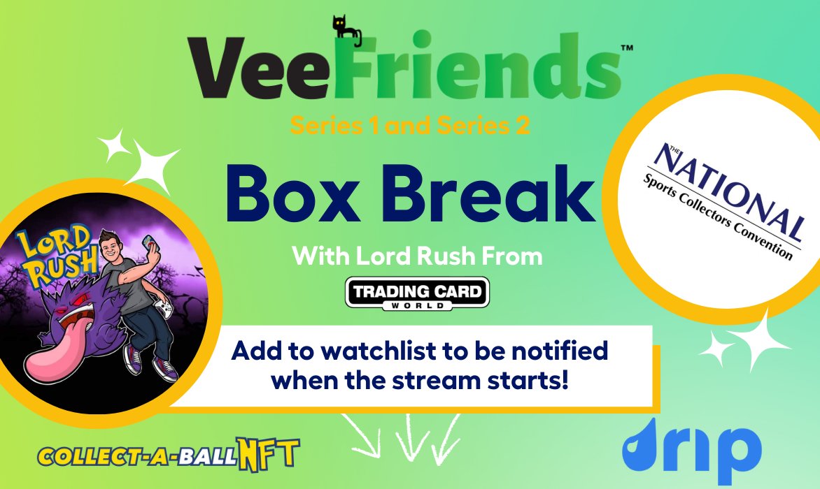✨Tune into our <a href="/veefriends/">VeeFriends</a> box break on <a href="/DripShop/">Drip</a> at the <a href="/nsccshow/">The National Sports Collectors Convention Inc.</a> on 30 Jul at 12:00 PM CDT with the Collect-A-Ball NFT project founder <a href="/lordrush1990/">Lord Rush</a>!

💜<a href="/garyvee/">Gary Vaynerchuk</a> will you stop by and rip some packs with us?

👉RSVP Here: dripshop.live/veefriends-ser…

#veefriendsCardOpening