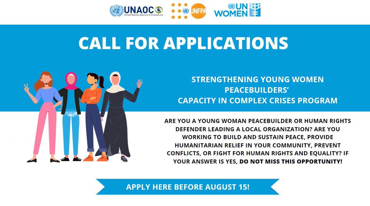 UNYouthAffairs's tweet photo. Are you a young woman peacebuilder or human rights defender leading a local organization? 

📢 Apply to @UN_Women, @UNAOC &amp; @UNFPA's pilot initiative on "Strengthening Young Women Peacebuilders’ Capacity in Complex Crises" 🕊️

For more info, visit 👉 https://t.co/ElIQD85adX https://t.co/SCqi7fjGFq